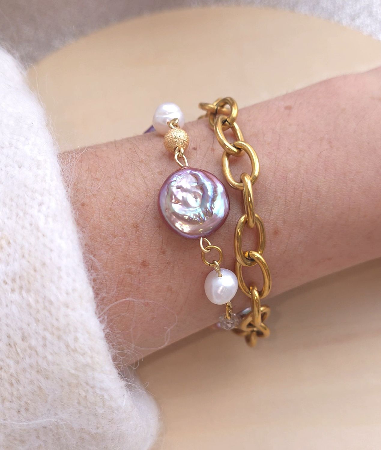 Bracelet Création Duo • Diamant Herkimer/Perle d'eau douce