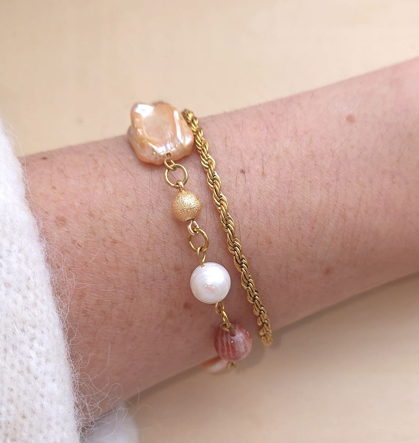Bracelet Création Duo • Pierre du Soleil/Perle d'eau douce