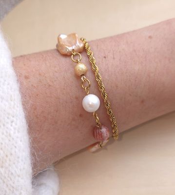 Bracelet Création Duo • Pierre du Soleil/Perle d'eau douce