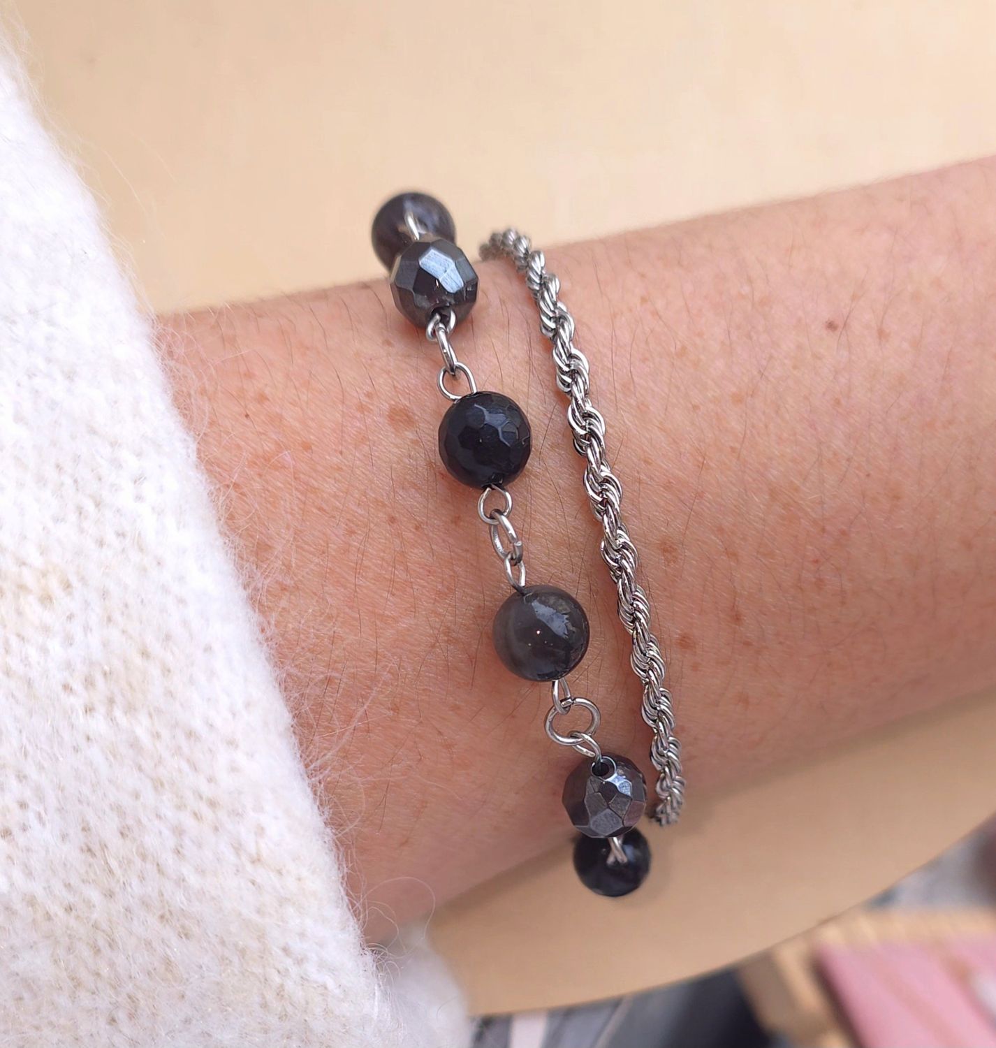 Bracelet Création Duo • Obsidienne Argentée/Agate Noire/ Hématite 