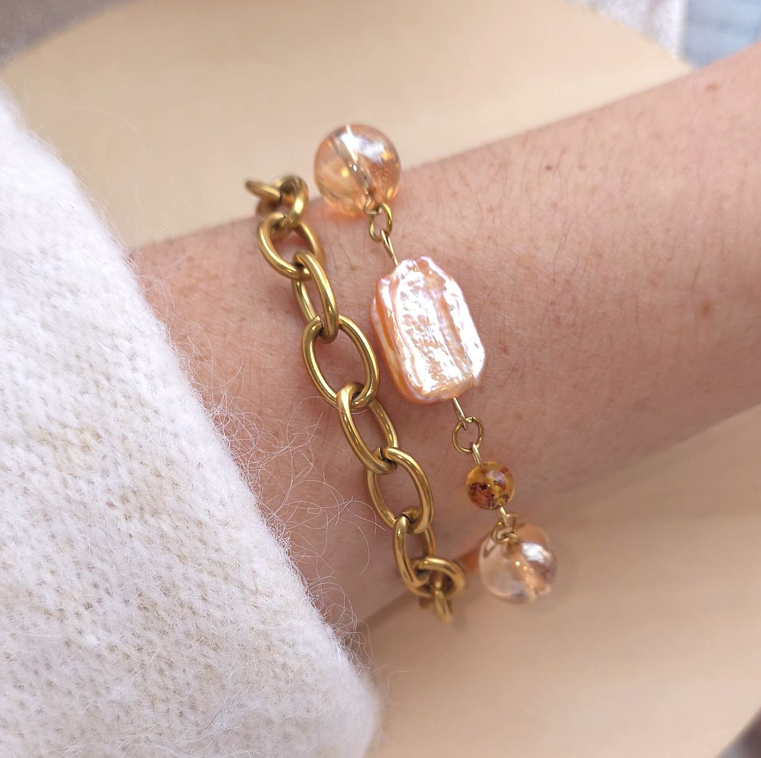 Bracelet Création Duo • Ambre/ Aqua Aura or/Perle d'eau douce
