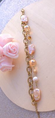 Bracelet Création Duo • Ambre/ Aqua Aura or/Perle d'eau douce