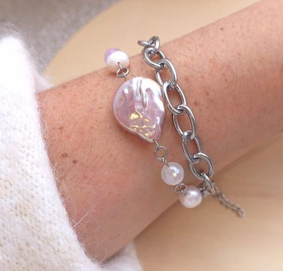 Bracelet Création Duo • Kunzite/Perle d'eau douce/ Agate Blanche 