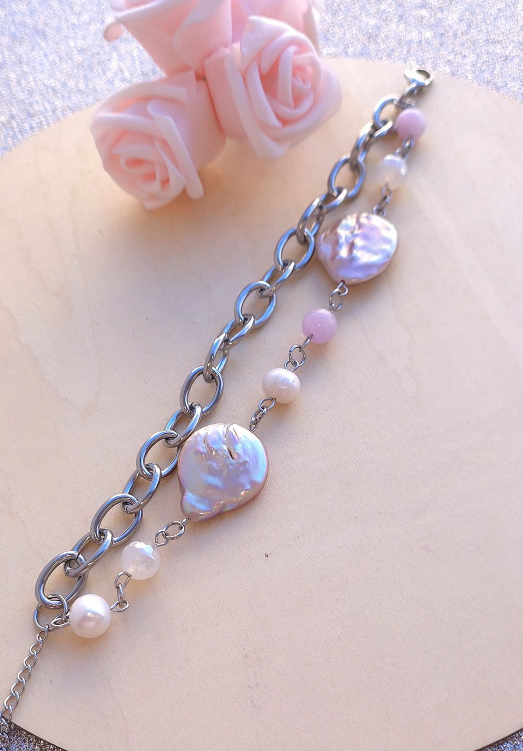 Bracelet Création Duo • Kunzite/Perle d'eau douce/ Agate Blanche 