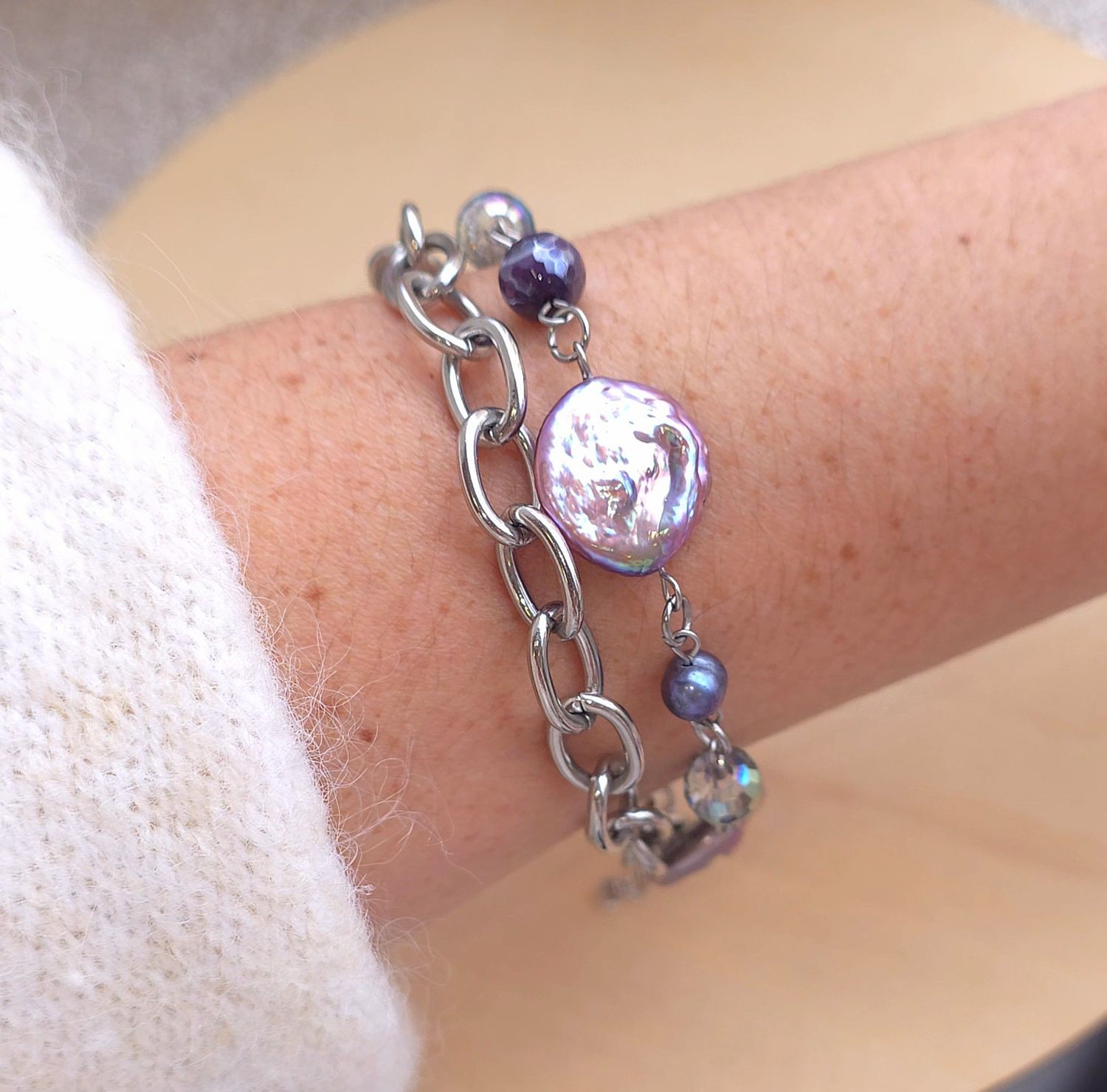 Bracelet Création Duo • Aqua aura/Perle d'eau douce/ Agate violette