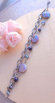 Bracelet Création Duo • Aqua aura/Perle d'eau douce/ Agate violette