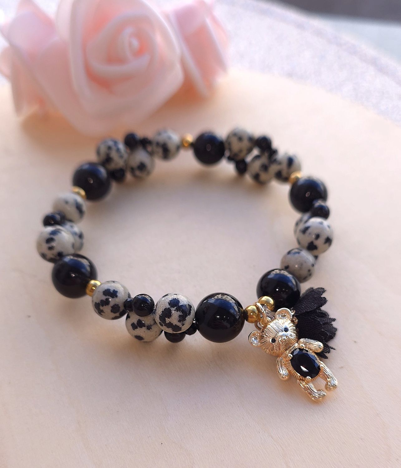 Bracelet Création • Jaspe Dalmatien/Obsidienne oeil Céleste/Tourmaline Noire/ Spinelle