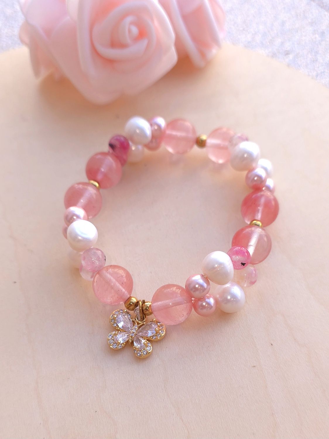 Bracelet Création • Quartz Cerise/Cristal Fleur Rhodonite/ Perle d'eau douce
