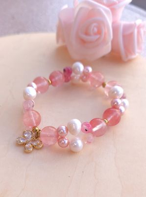 Bracelet Création • Quartz Cerise/Cristal Fleur Rhodonite/ Perle d'eau douce