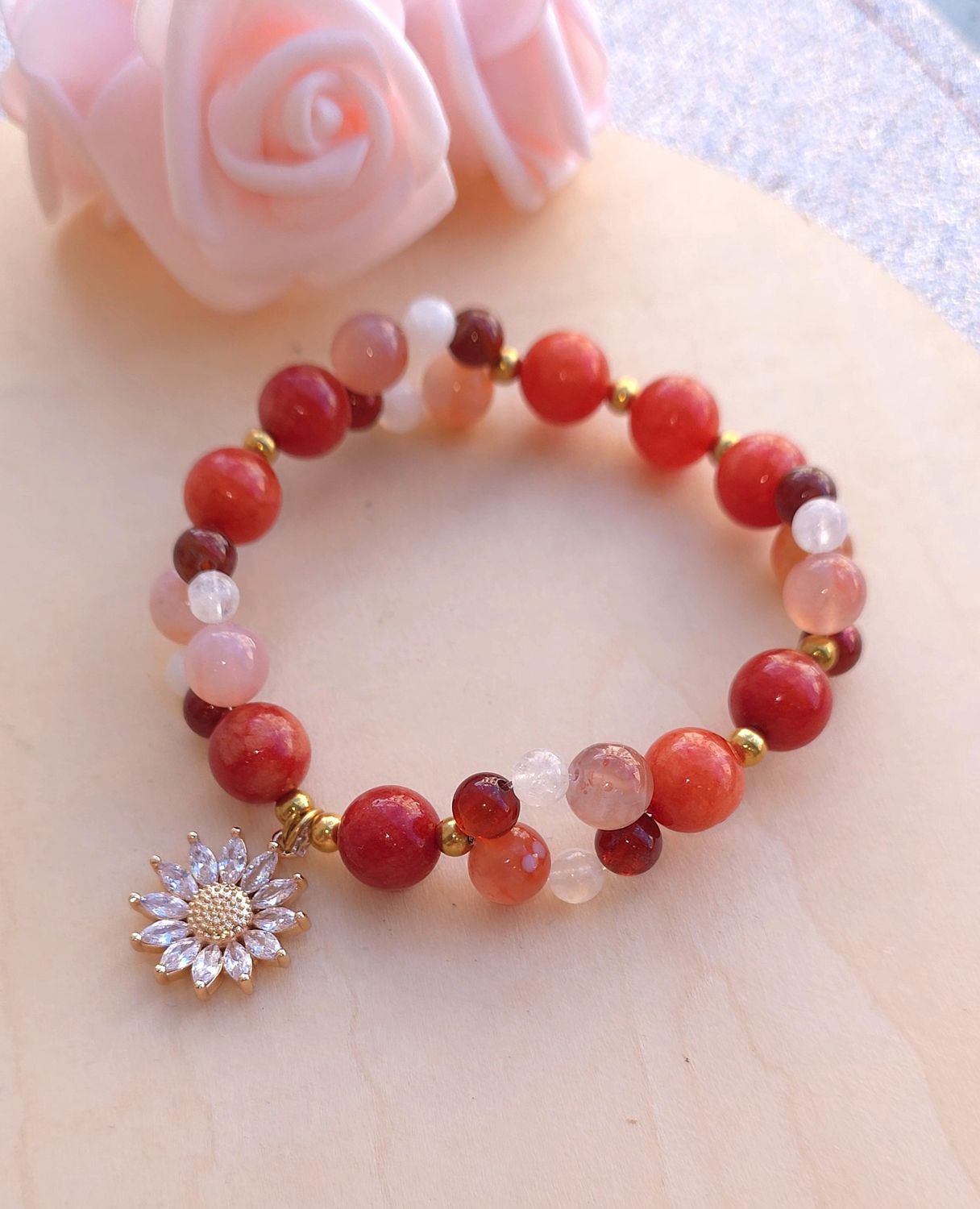 Bracelet Création • Corail/Agate fleur rouge/Pierre de lune blanche/Tourmaline orange 