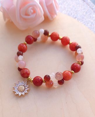 Bracelet Création • Corail/Agate fleur rouge/Pierre de lune blanche/Tourmaline orange 