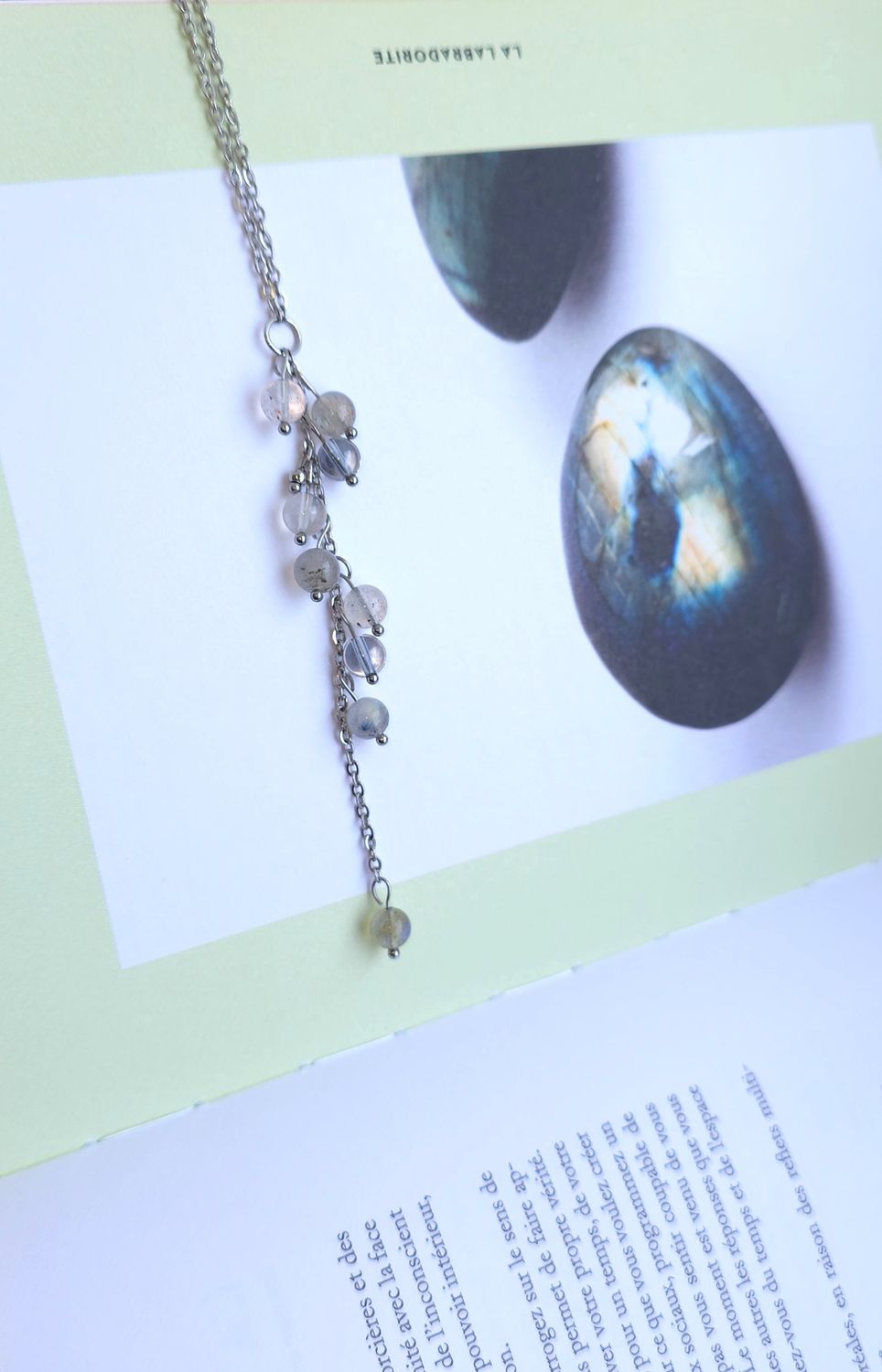 Collier Cascade de perle • Labradorite, Aqua aura argent et quartz mica