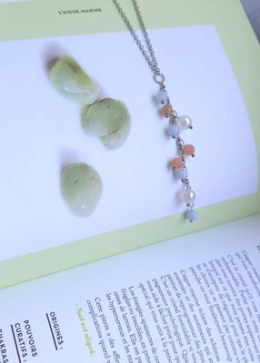 Collier Cascade de perle • Aigue marine, pierre de lune pêche et Agate blanche 