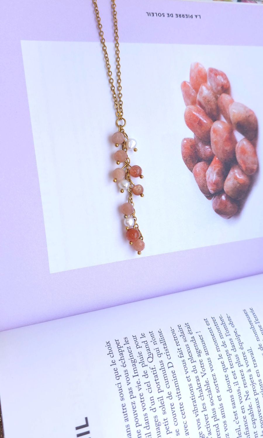 Collier Cascade de perle • Pierre du soleil, pierre de lune peche et perle de culture 