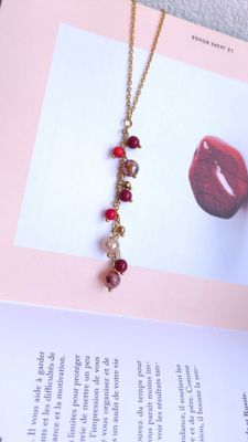 Collier Cascade de perle • Jade Rouge, Agate Marron et bambou de mers