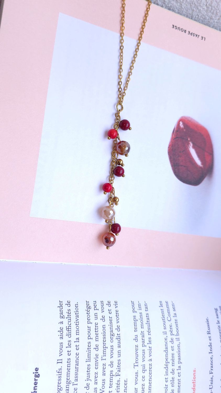 Collier Cascade de perle • Jade Rouge, Agate Marron et bambou de mers