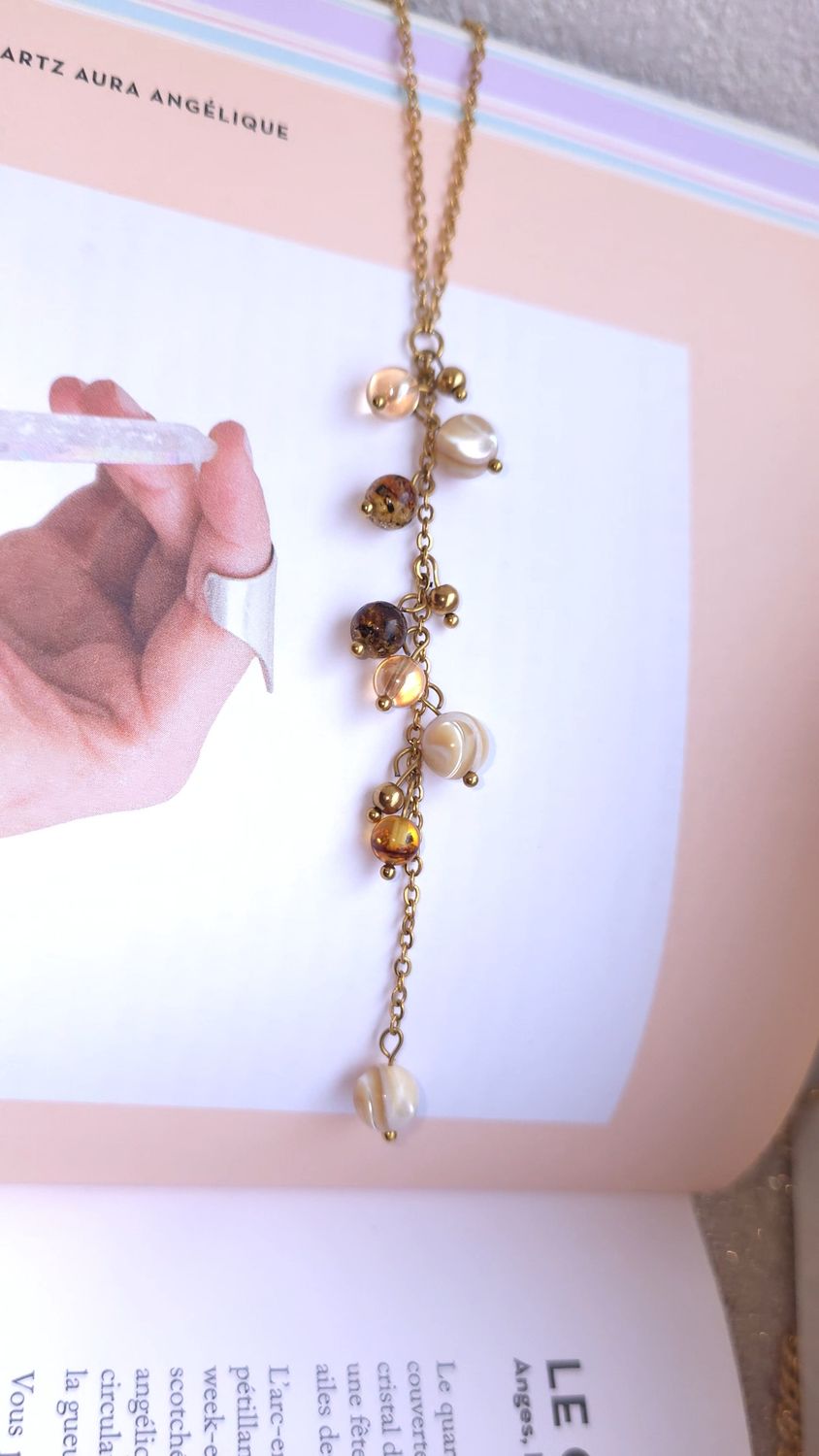 Collier Cascade de perle • Ambre, aqua aura or et nacre coquillage