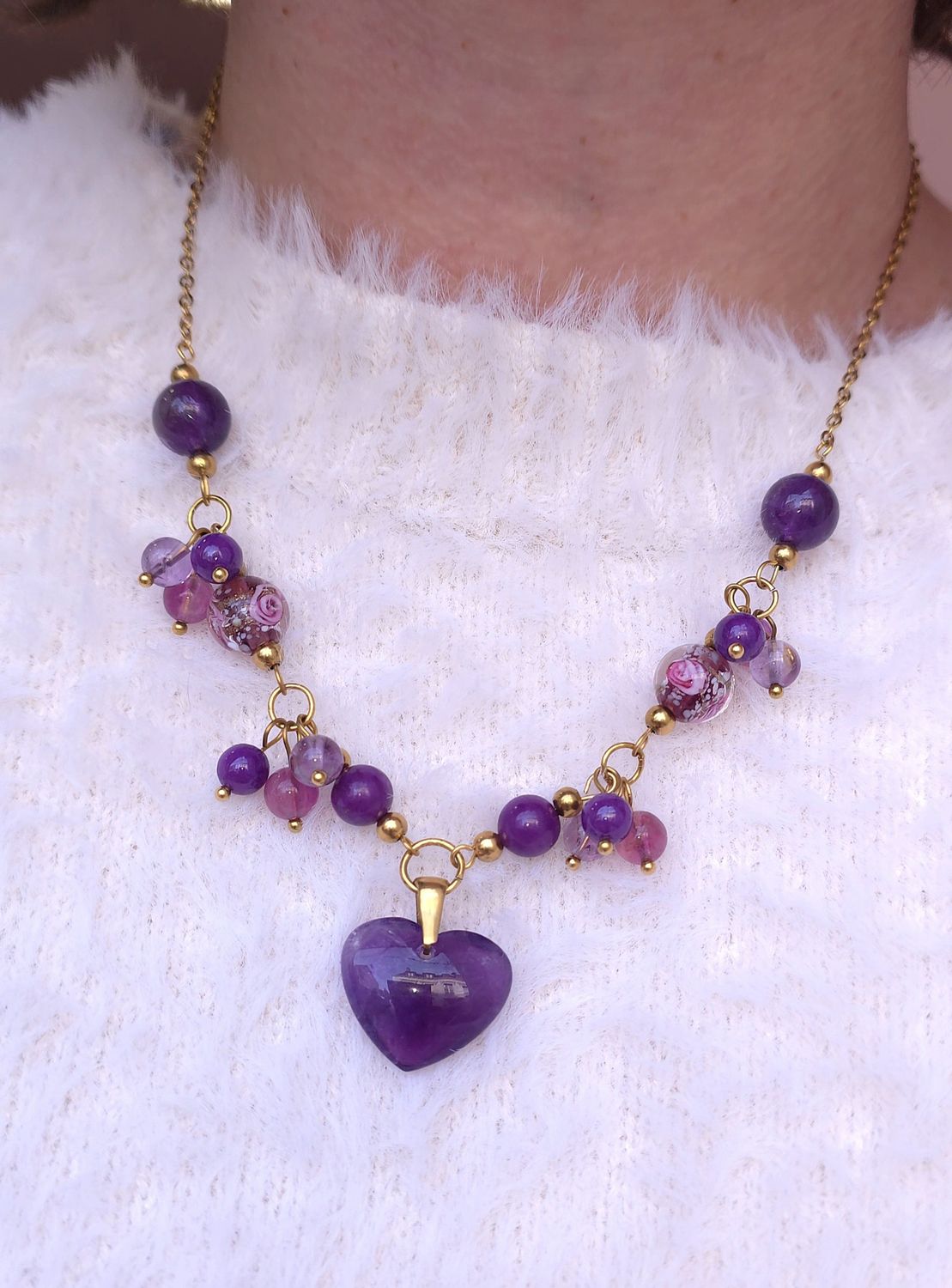 Collier Amethyste/Phosphosidérite/Fluorite 