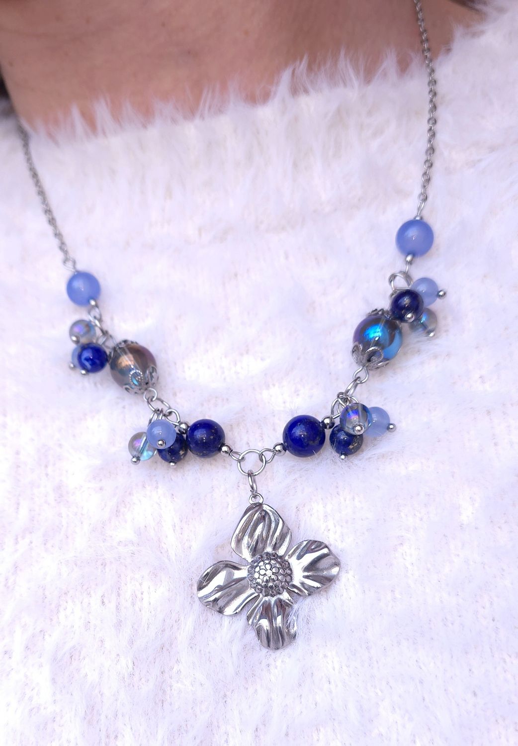 Collier Lapis lazuli/ Aqua aura/Calcédoine Bleue 