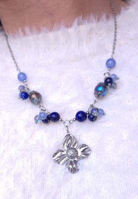 Collier Lapis lazuli/ Aqua aura/Calcédoine Bleue 