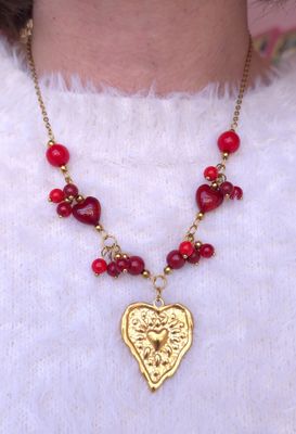 Collier Bambou de mers/Corail/Jade Cinabre