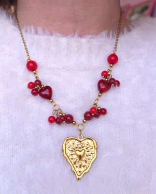 Collier Bambou de mers/Corail/Jade Cinabre