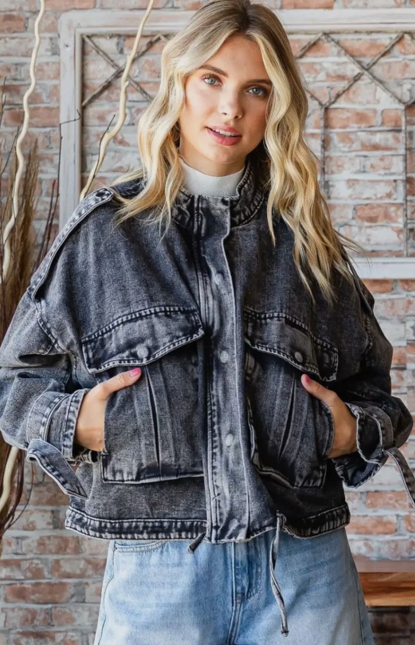 Jen Double Pocket Black Denim Utility Jacket