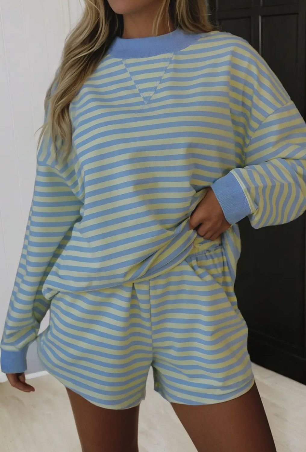 Colorblock Stripe Pullover Short Set