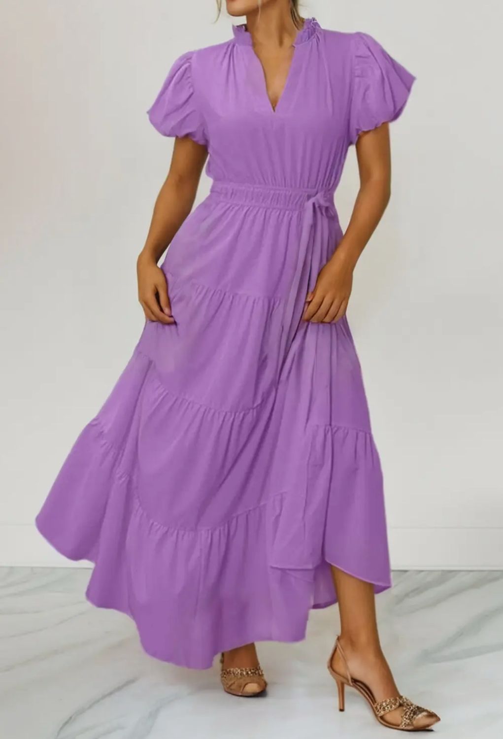 Puff Sleeve Maxi Dress In Lavender