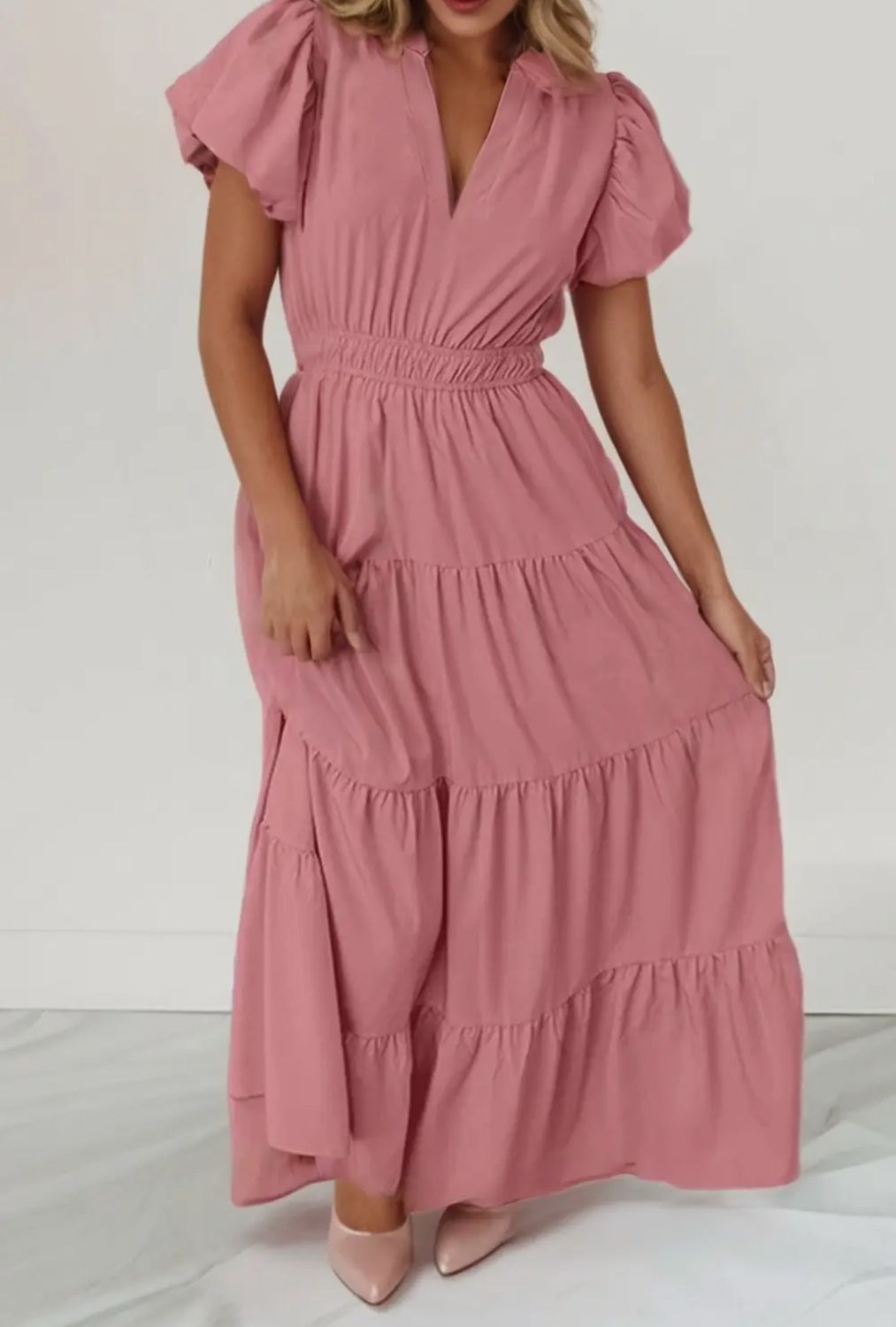 Puff Sleeve Maxi Dress In Gossamer Pink