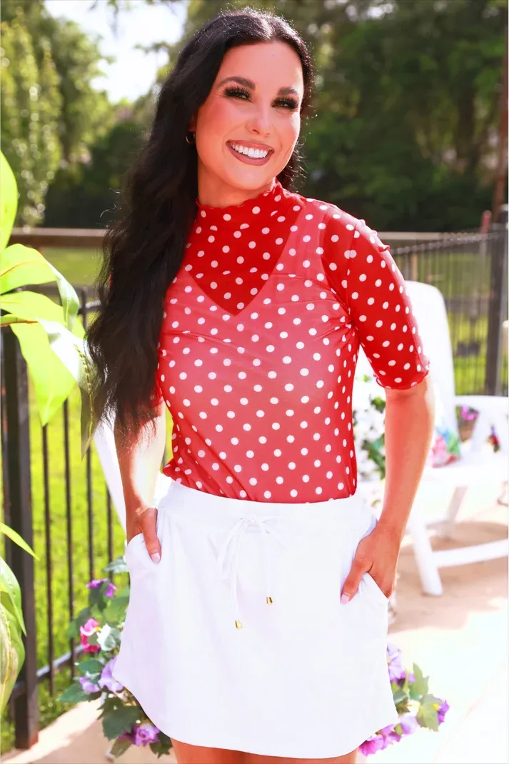 Kora Mesh Top in Red Polka Dot