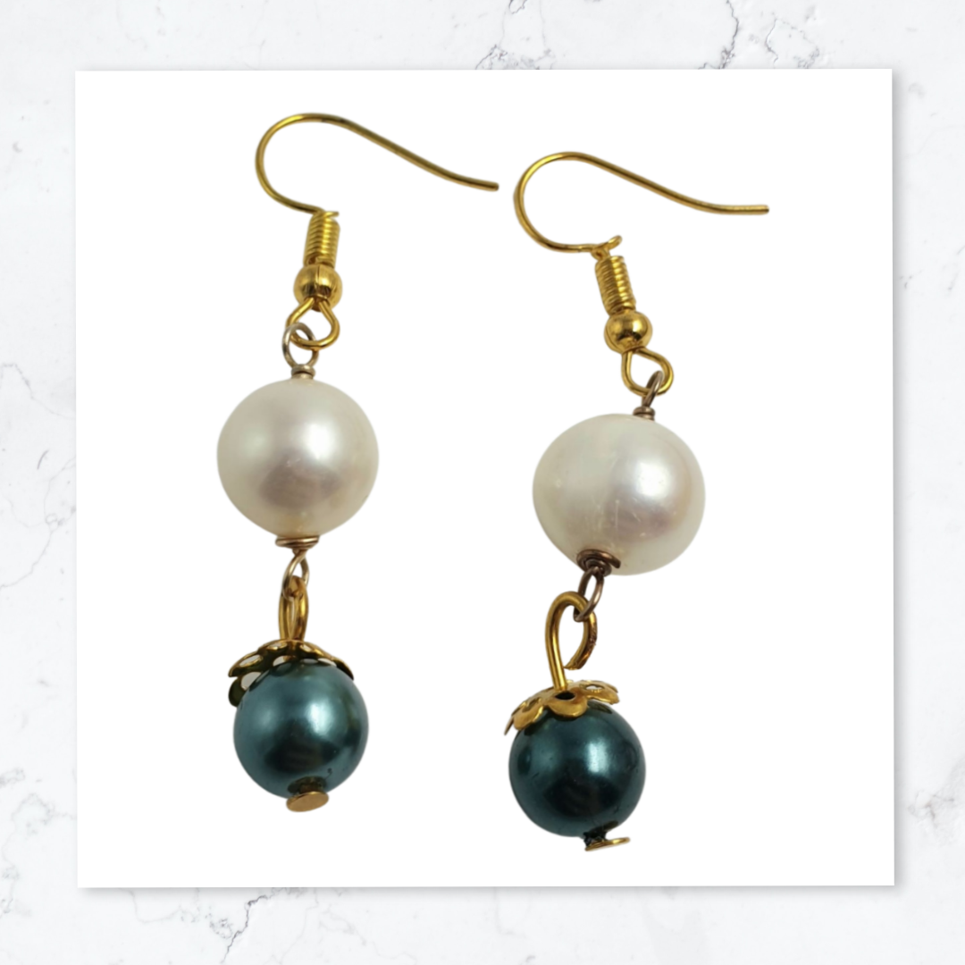 Gold Plated Ocean Pearl &amp; Green Faux Pearl  Earrings