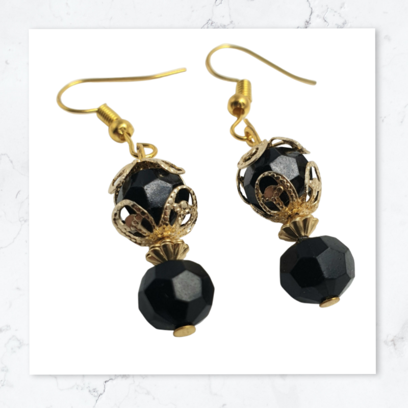Gold Plated Faceted Filigree Black Lucite Earrings