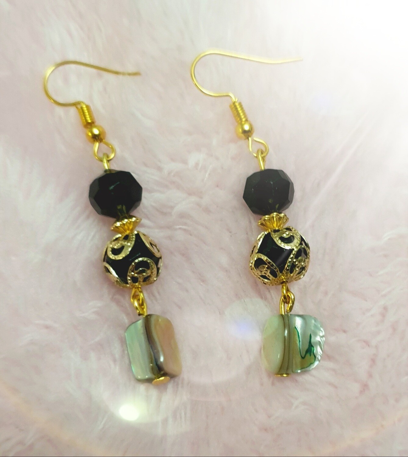 Gold Plated Faceted Filigree Black Lucite Elbaone Shell Earrings