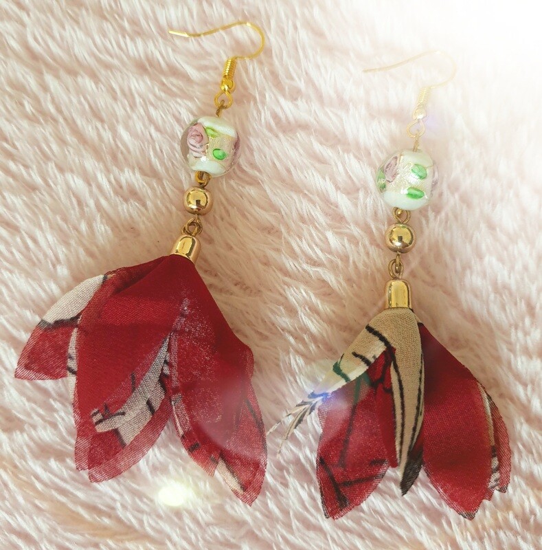 Gold Plated Glass Rose Beads &amp; Red Tassels Earrings