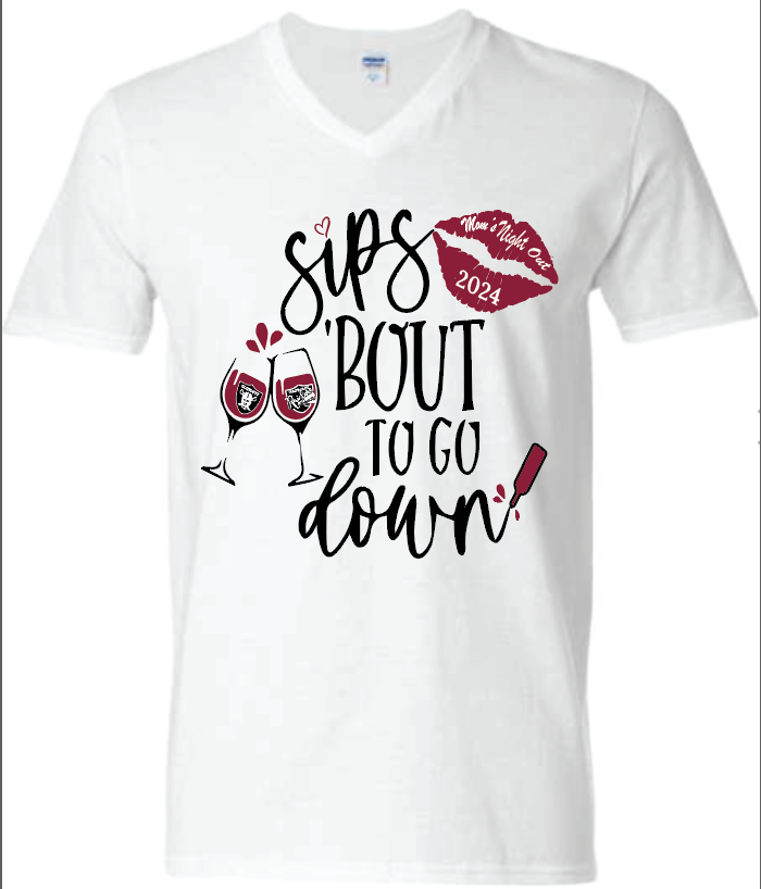 The Official Moms Pub Crawl V-Neck Tee. White, silver and black options