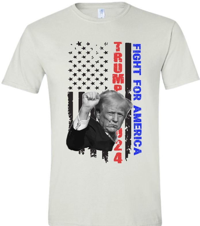 Trump Fight For America Tee, White, Silver, Black Option, Black Tee Is Cotton. White and Silver Are Moisture Wicking. V Neck Adult Only Sizes