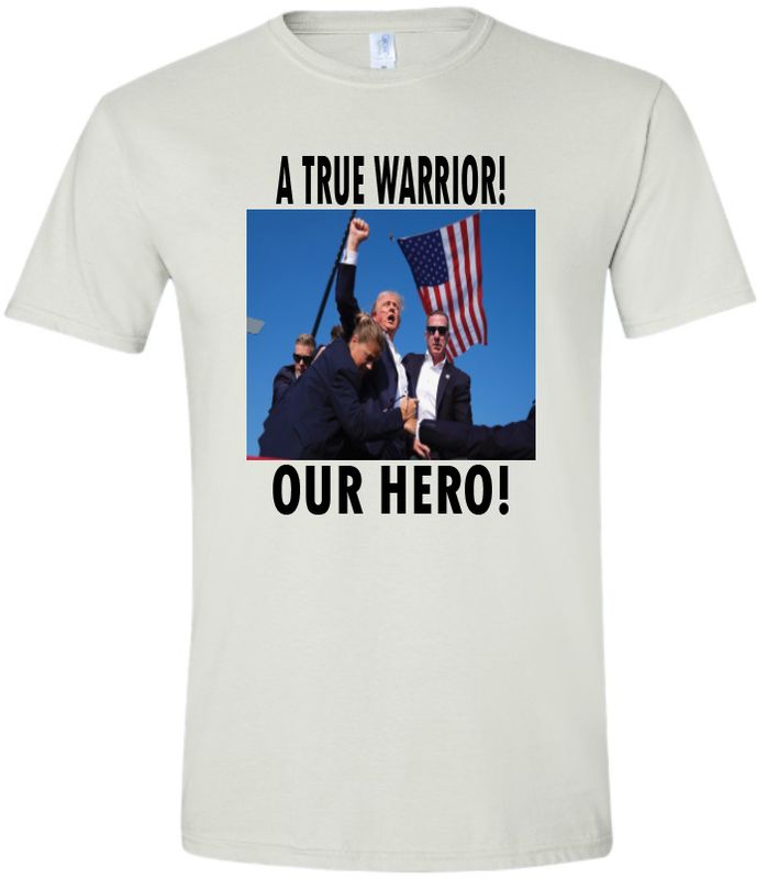 Trump A True Warrior Tee White or Silver Color Option. V-Neck Adult Only Sizes.
