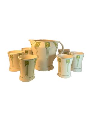 Arts &amp; Crafts Hand Stenciled Lemonade Pitcher &amp; 6 Glasses Set