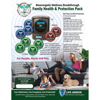 Family Protection Value Pack Includes EMF/5G Purifier! ($5k Value) Special Price Just $3,496 with Savings Code: SPECIAL LIMITED PROMO FREE MED RX Pendant and 20 FREE Sample Bracelets (over $6K value)
