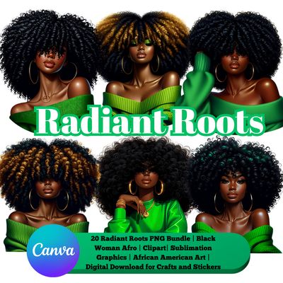 Radiant Roots Black Woman Afro Green  PNG Bundle