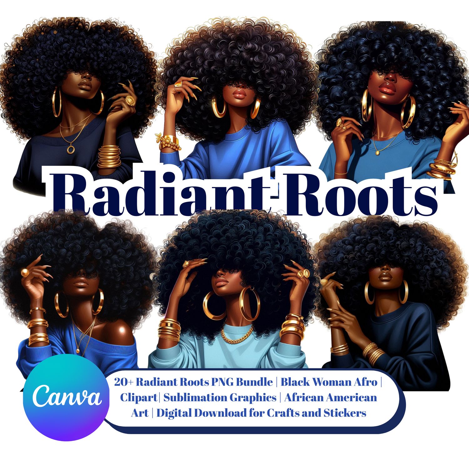 Radiant Roots Black Woman Afro Blue PNG Bundle