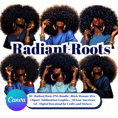 Radiant Roots Black Woman Afro Blue PNG Bundle