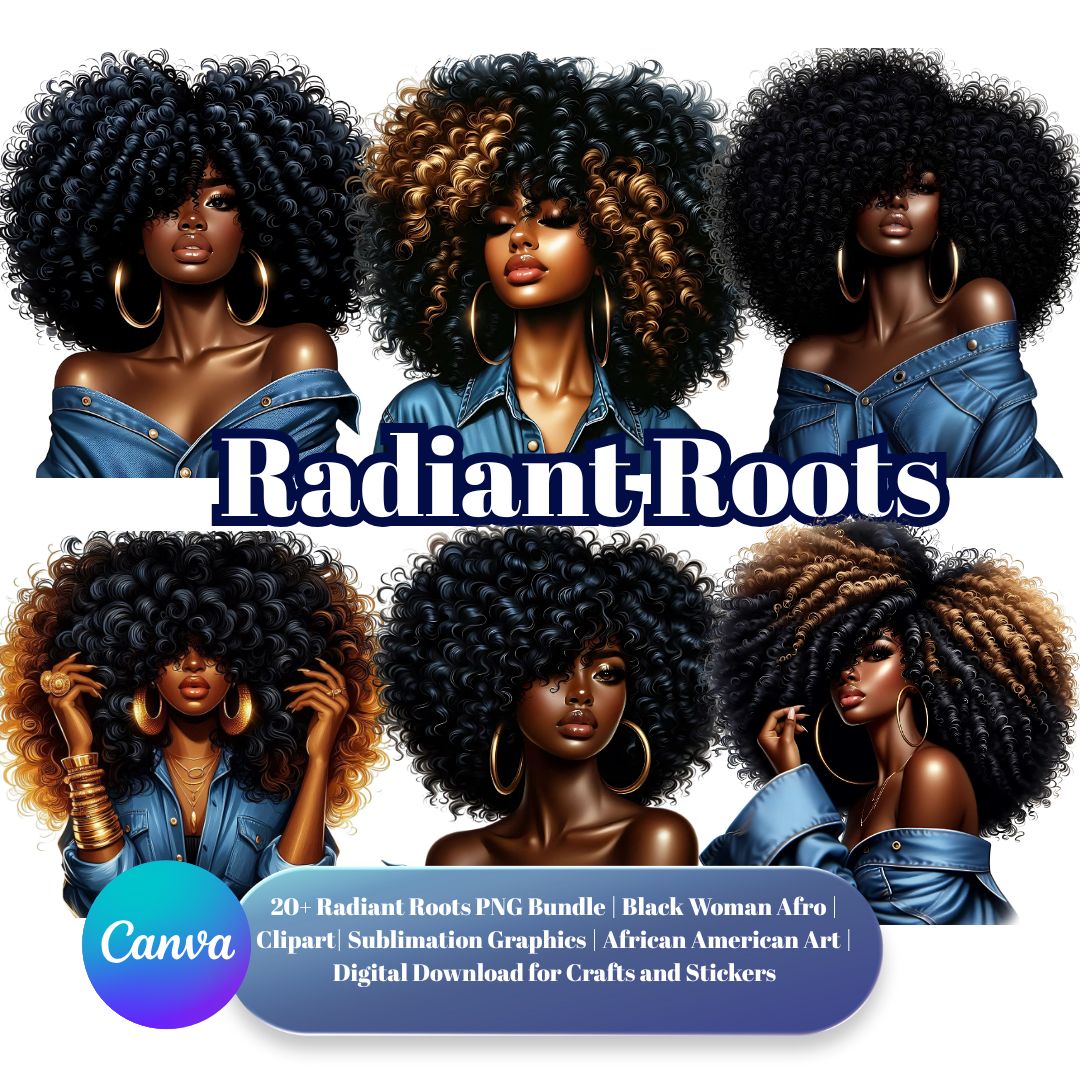 Radiant Roots Black Woman Afro Blue Jean PNG Bundle