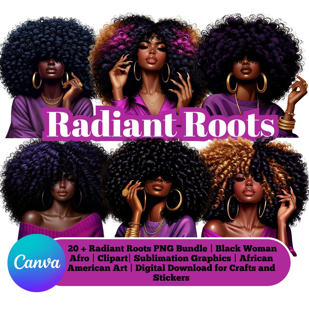 Radiant Roots Black Woman Afro Purple PNG Bundle