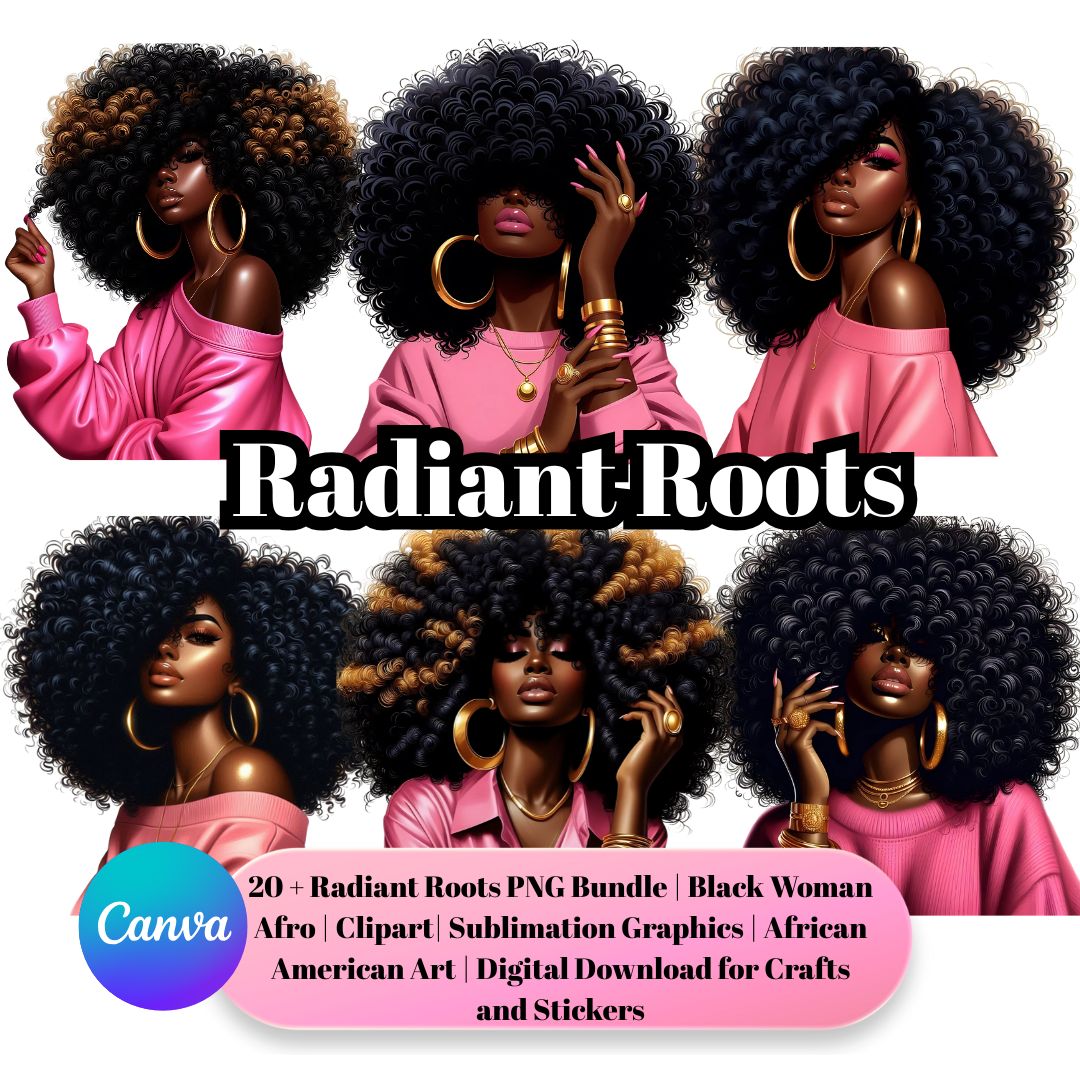 Radiant Roots Black Woman Afro Pink PNG Bundle