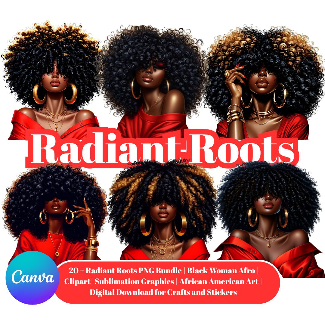 Radiant Roots Black Woman Afro Red PNG Bundle