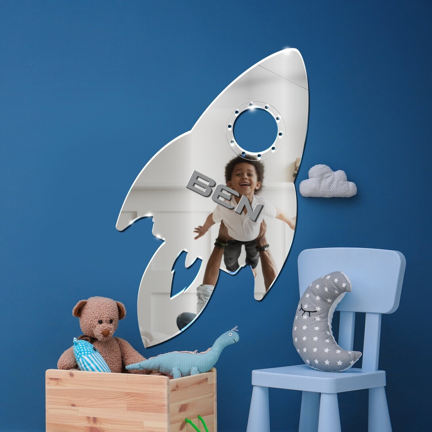 Children's Space Rocket Mirror - Personalised with Name, Colour Option: Silver Mirror with Grey Lettering, Size: Extra Large