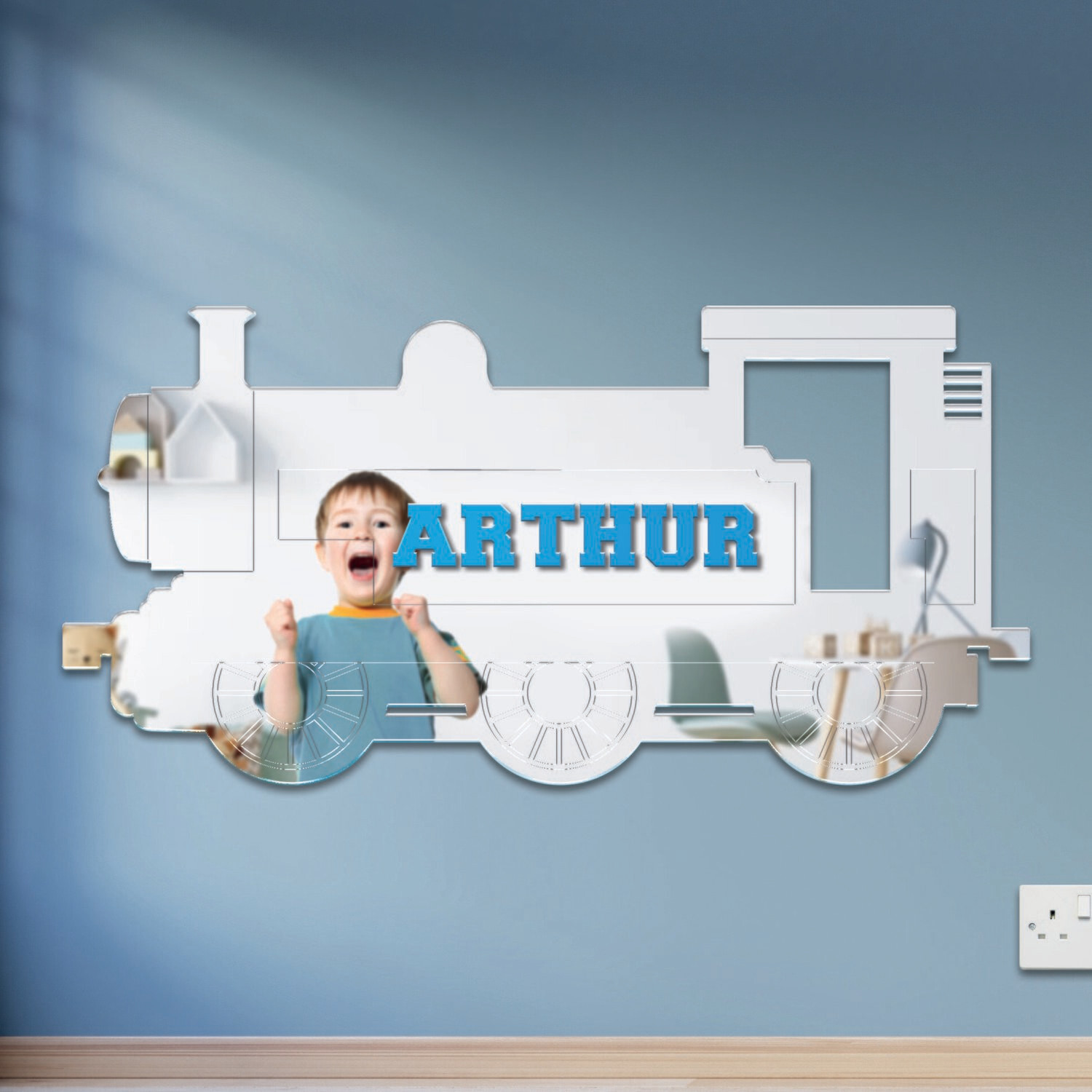 Children's Train Mirror - Personalised with Child's Name, Size: Super Large, Colour: Silver Mirror