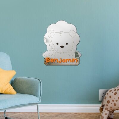 Children's Lion Mirror Wall Art Personalised with Raised Name. 30 x 33cm